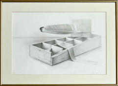 Wim Blom-Segmented box with feather and tied parcel pencil on paper-1987