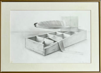 Wim Blom-Segmented box with feather and tied parcel pencil on paper-1987